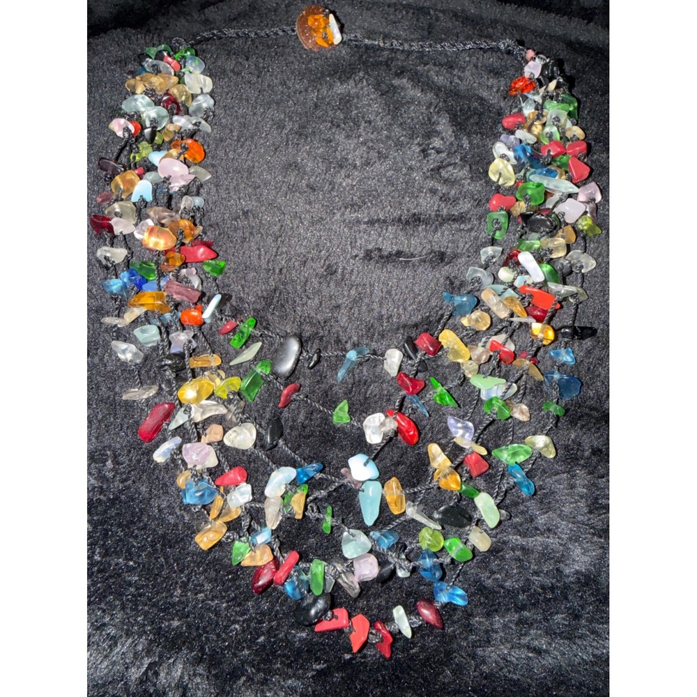 Multicolor Gemstone Chip Multi-Strand Statement Necklace Coconut Button Clasp